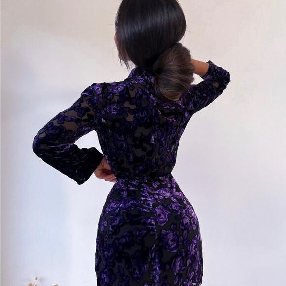 ZARA BLOGGER FAVORITE VELVET TRIM DRESS PURPLE - Picture 4 of 14